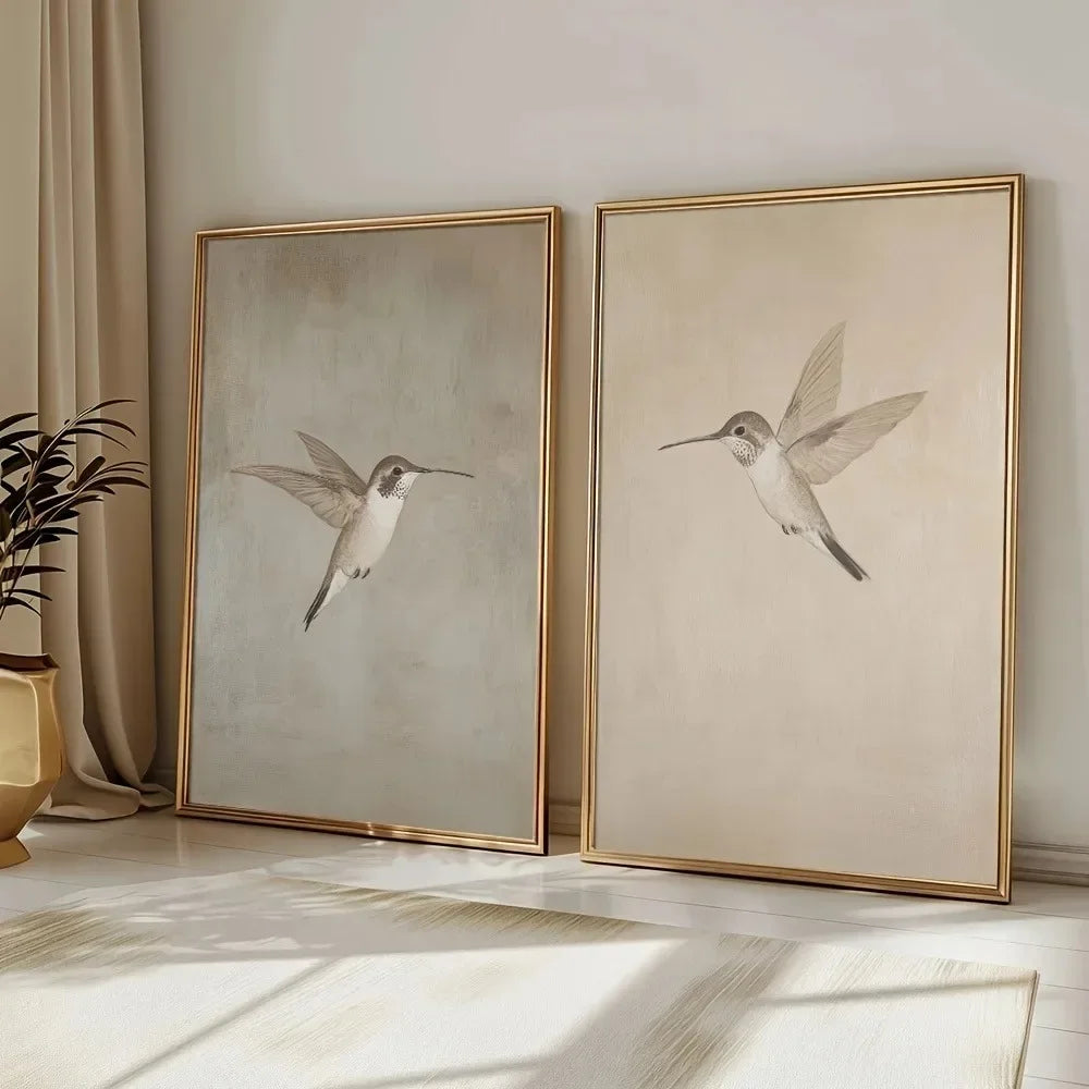 2pcs Frameless Retro Hummingbird Wall Art Canvas Posters Simple Retro Bird Farmhouse Decor Country Painting Apartment Decoration