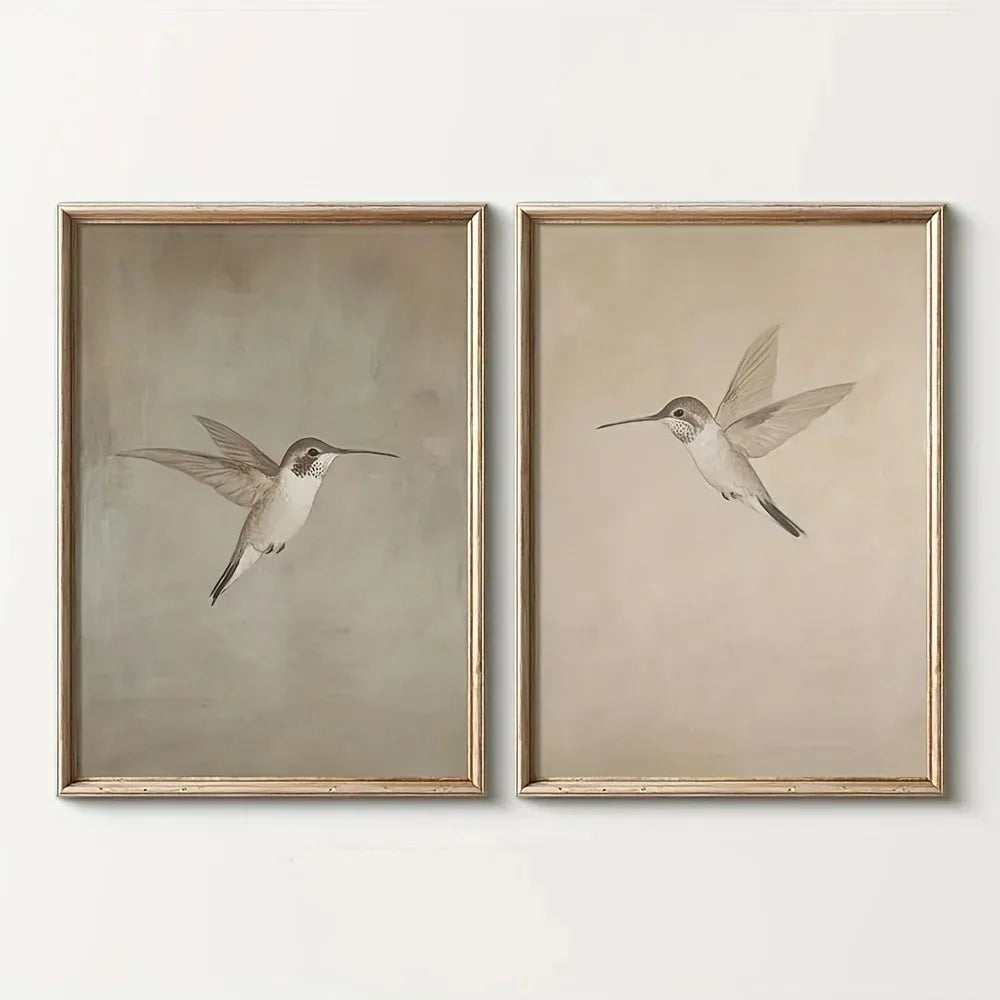 2pcs Frameless Retro Hummingbird Wall Art Canvas Posters Simple Retro Bird Farmhouse Decor Country Painting Apartment Decoration