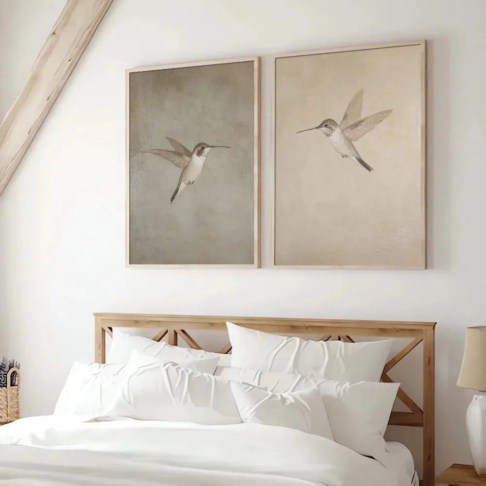 2pcs Frameless Retro Hummingbird Wall Art Canvas Posters Simple Retro Bird Farmhouse Decor Country Painting Apartment Decoration